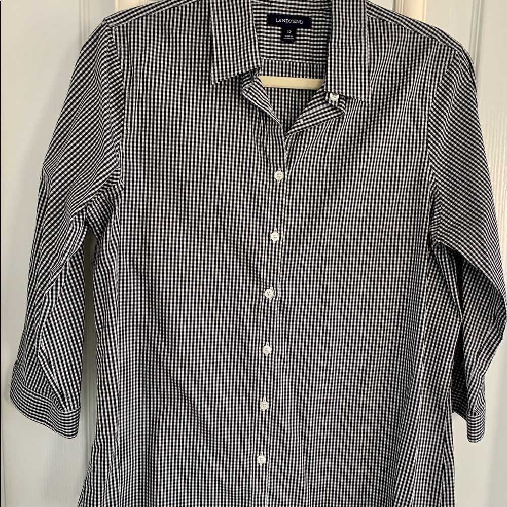 Classy Land’s End black and white gingham check blouse, size 12, perfect